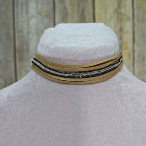 Tan and Rhinestone Choker Necklace - Faux Suede